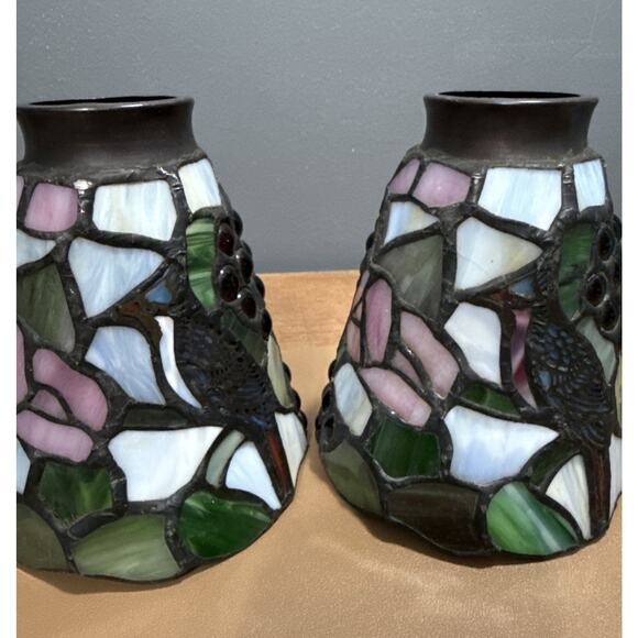 Set Of 3 Vintage Stained Glass Lamp Pendant Light Shade Blue Jay & Berries - Picture 3 of 16